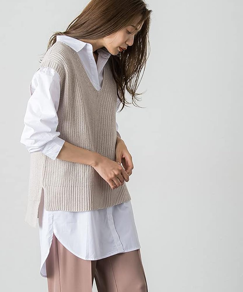 Amazon | [ピエロ] ニットベスト × ロングシャツセット ブラウス